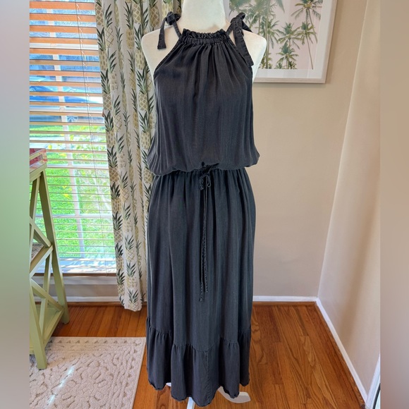 Tie Halter Maxi Dress Washed Black Ruffle Hem Time and Tru Elastic Waist Pockets - Picture 9 of 10